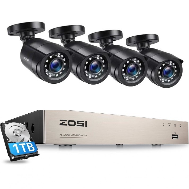 1T Система за видеонаблюдение, Zosi, 1T, 1080P, H.265+, Черен