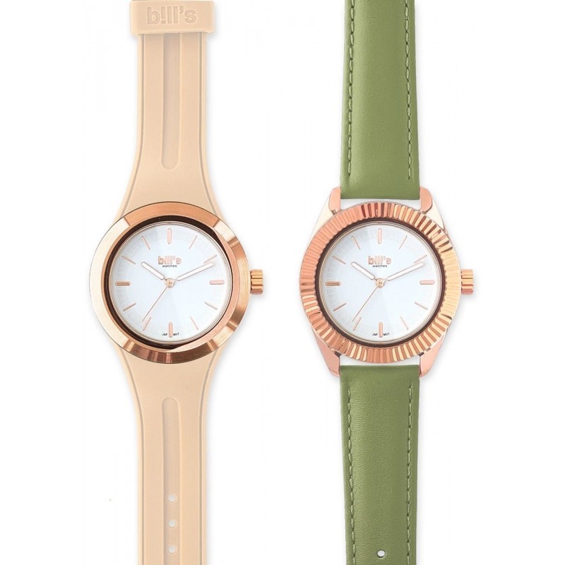 Часовник Bill's Watches Twist, Водоустойчив, 2 Сменяеми каишки, Sand & Light Khaki, Зелен и Розов